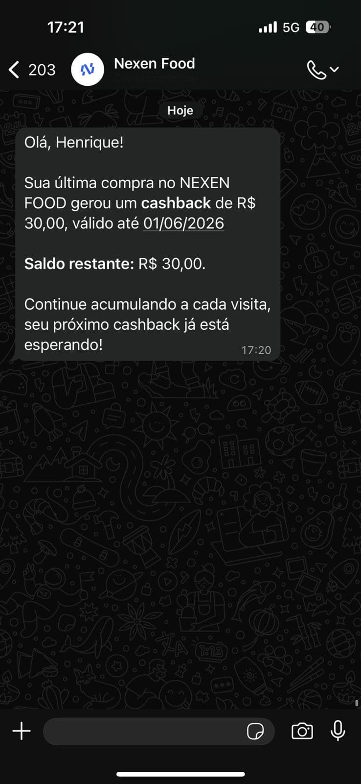 Mockup de celular mostrando mensagem de cashback no WhatsApp da Nexen Food